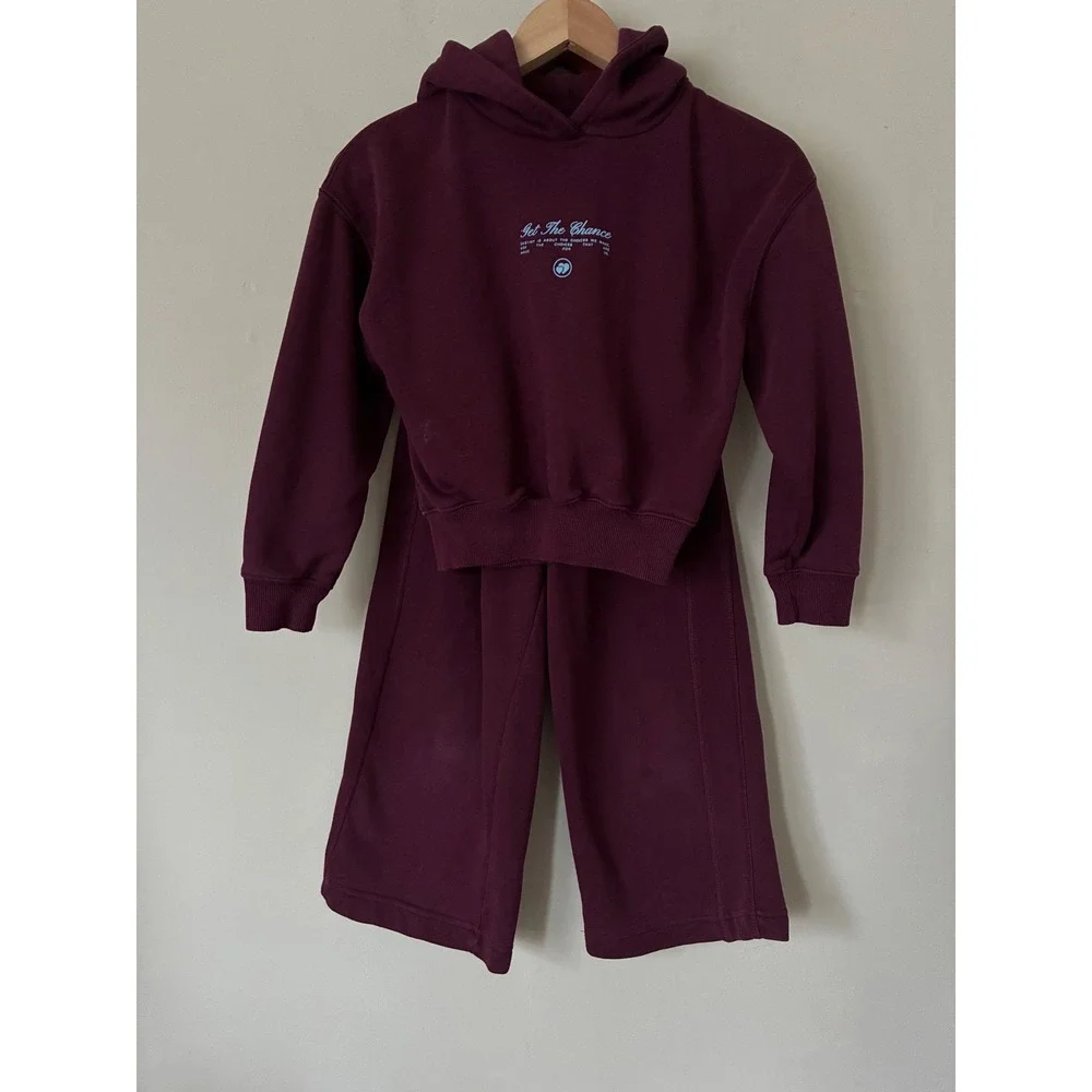 Zara Kids Burgundy Get The Chance Hoodie and Wide Leg Sweatpants Set Size 8-9Y